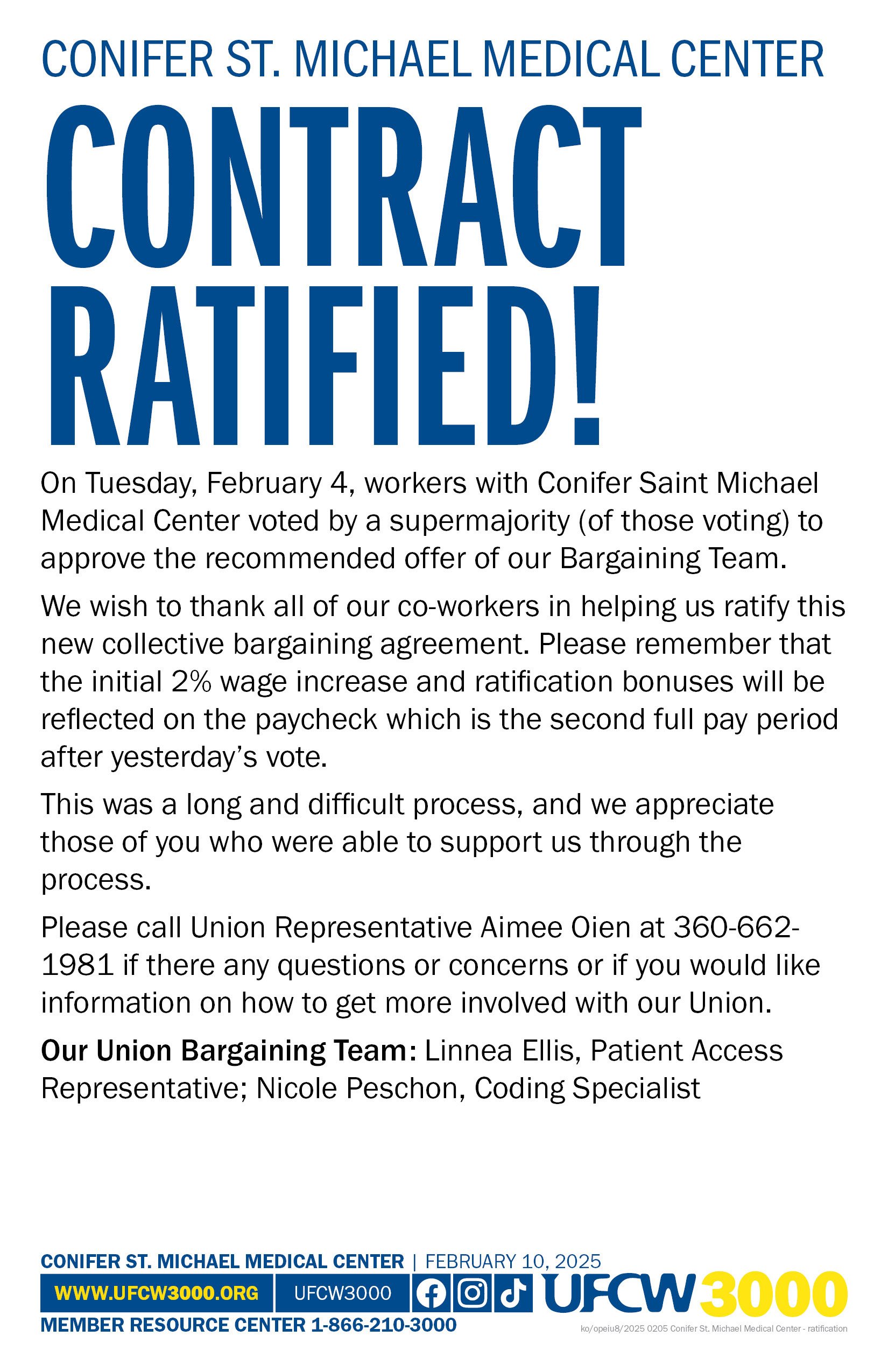 Conifer St. Michael Medical Center Contract Ratified!