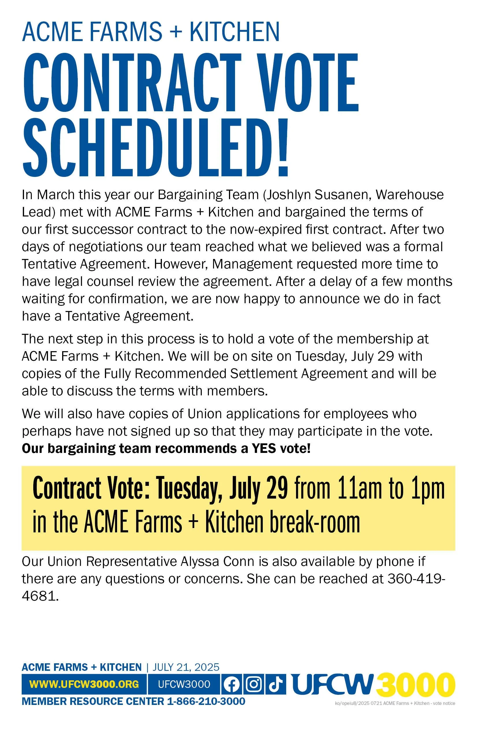 ACME Farms + Kitchen Contract Vote Scheduled!