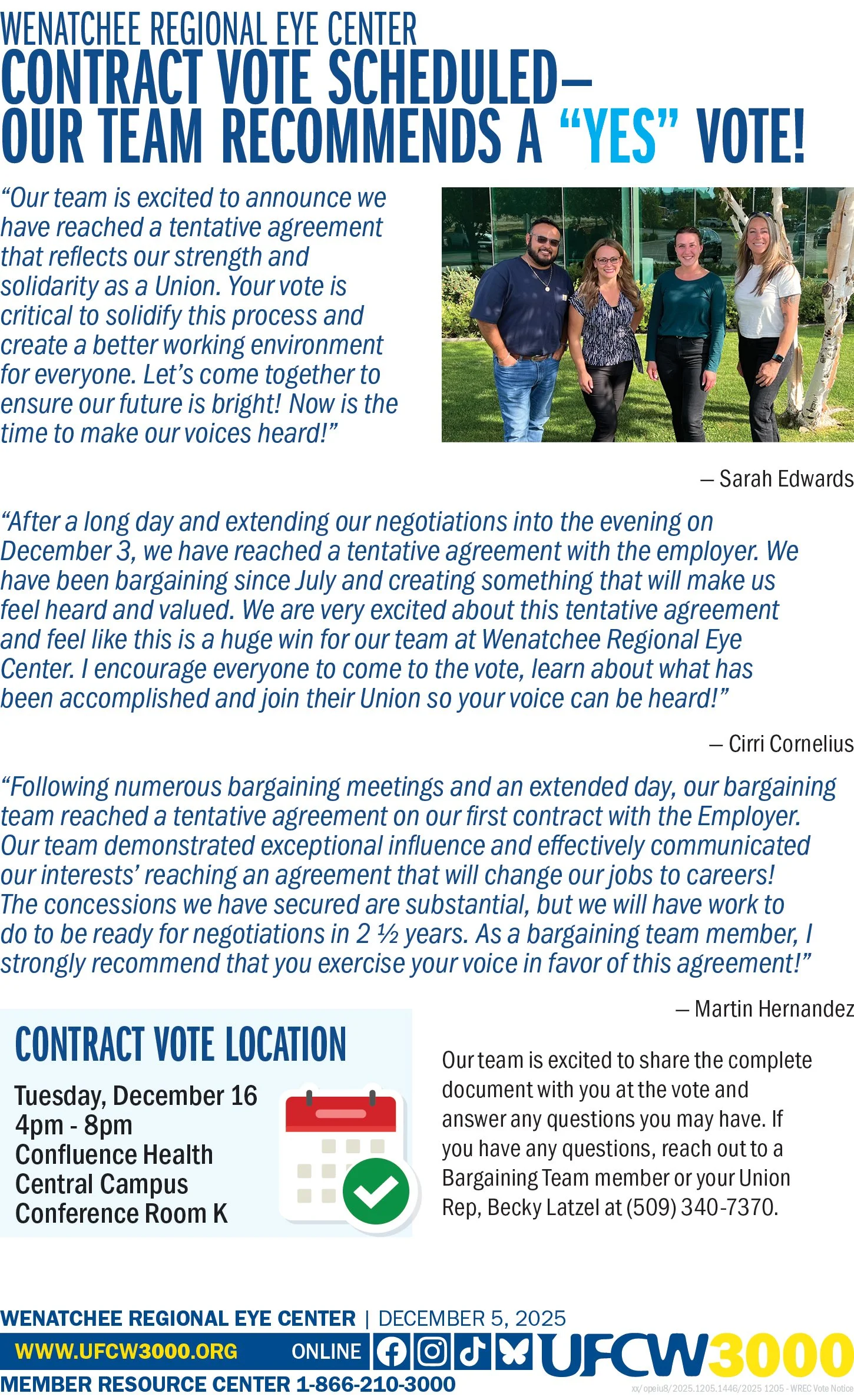 Wenatchee Regional Eye Center - Contract Vote Scheduled—Our Team Recommends a "YES"Vote!