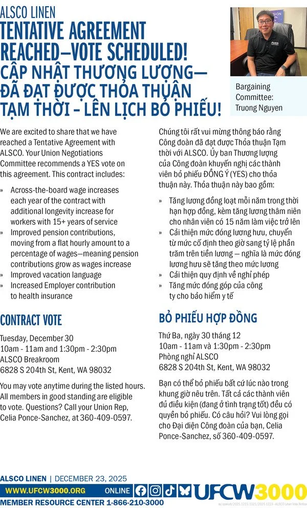 ALSCO Linen Tentative Agreement Reached—Vote Scheduled! Cập nhật Thương lượng—Đã đạt được Thỏa thuận Tạm thời – Lên lịch Bỏ phiếu!