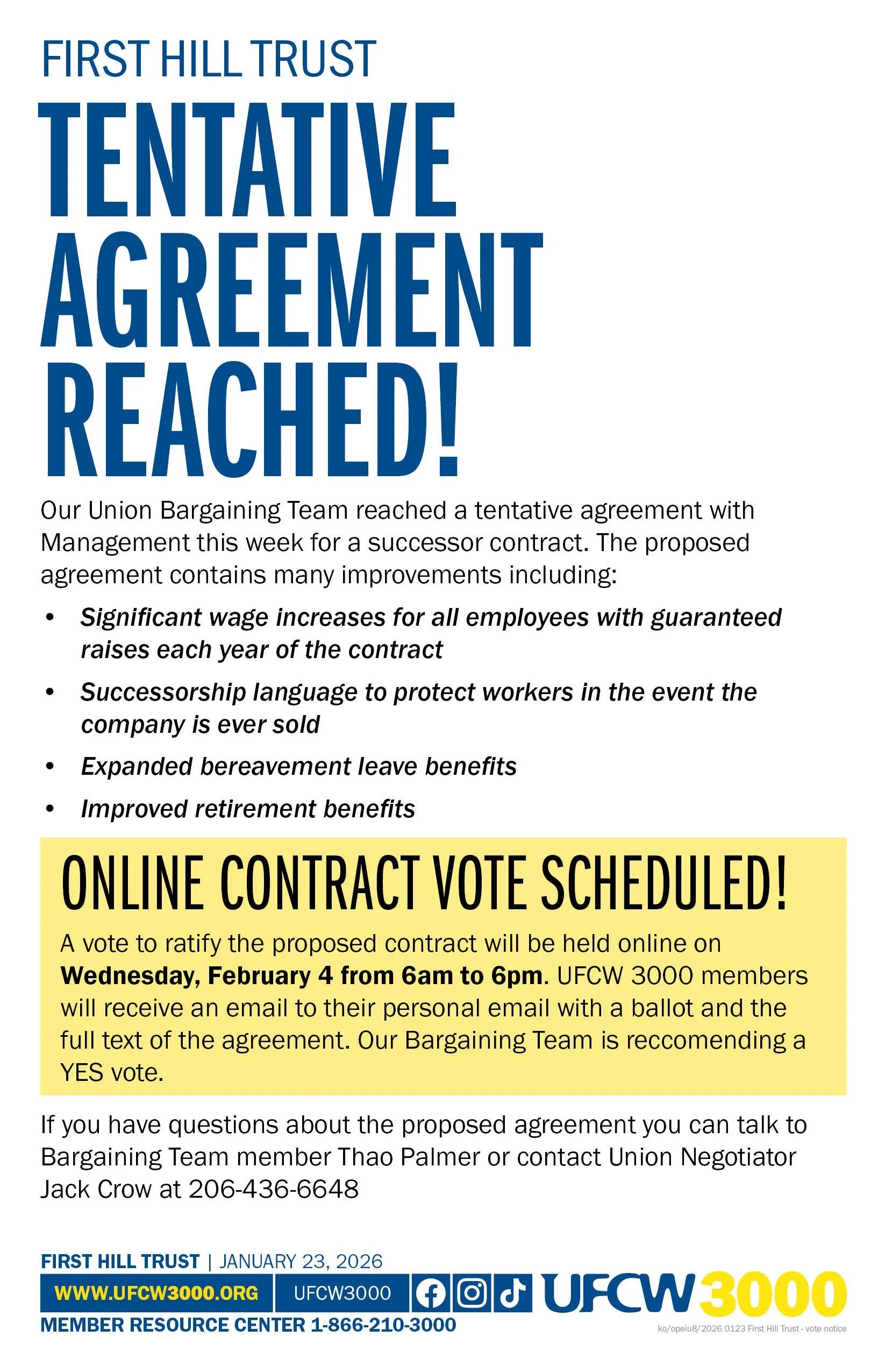 First Hill Trust Tentative Agreement Reached!