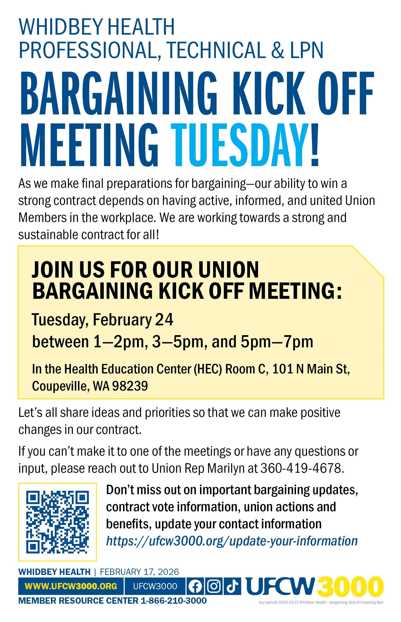 Whidbey Health Professional, Technical &amp; LPN Bargaining Kick Off meeting Tuesday!