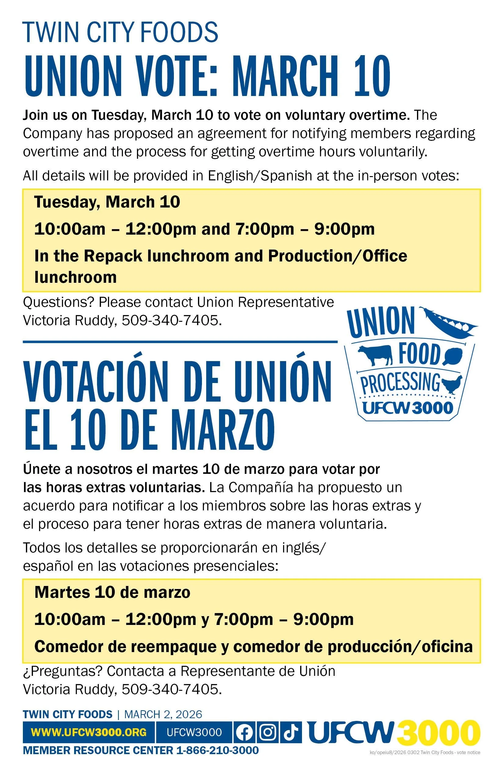Twin City Foods Union Vote: March 10 Votación de Unión el 10 de marzo