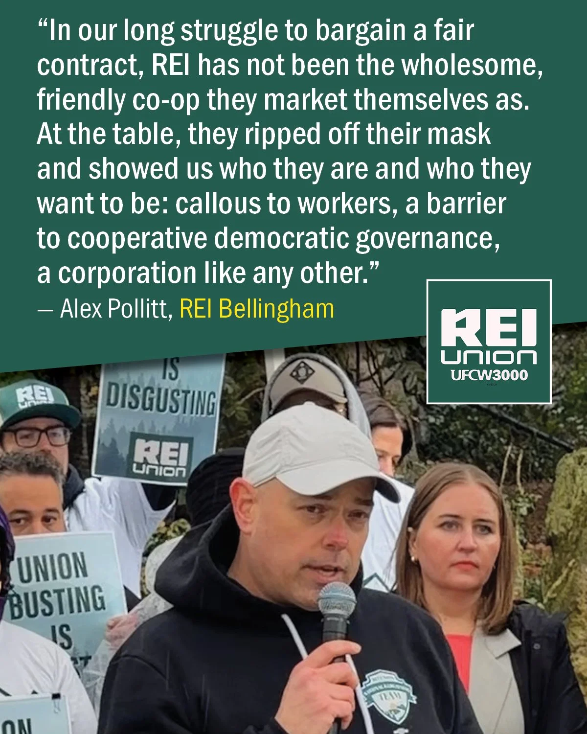 @REI sells itself as a values-driven co-op,  but workers at the bargaining table have seen a very different company. Behind the branding is a corporation that fights democratic governance at every turn. We're calling on REI to drop the act and negoti