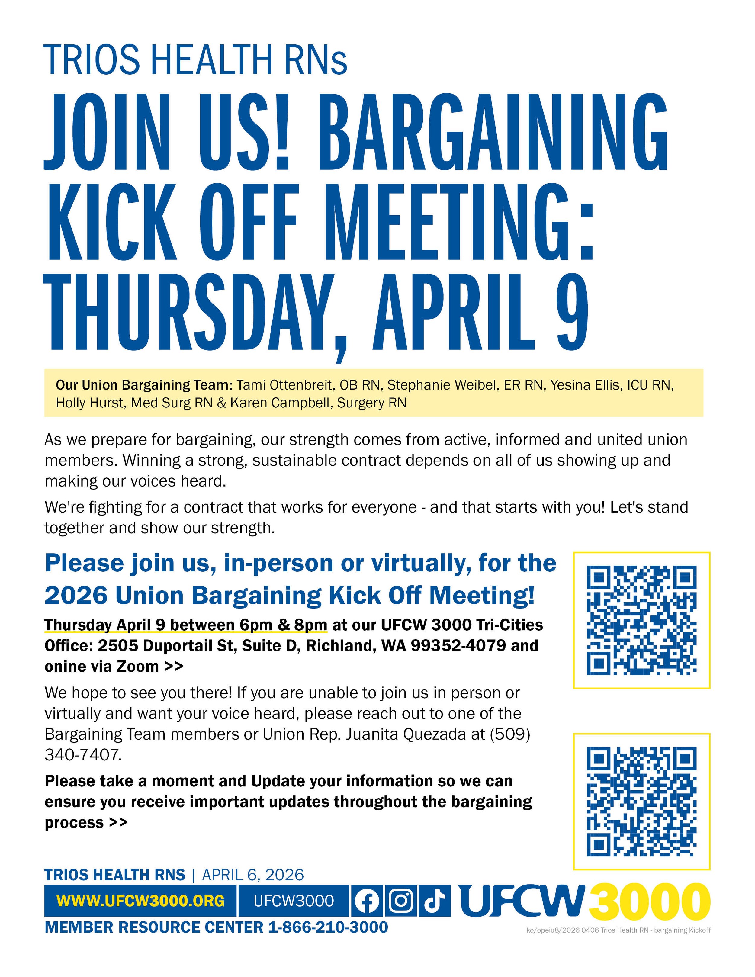 Trios Health RNs  Join Us! Bargaining Kick Off Meeting: Thursday, April 9