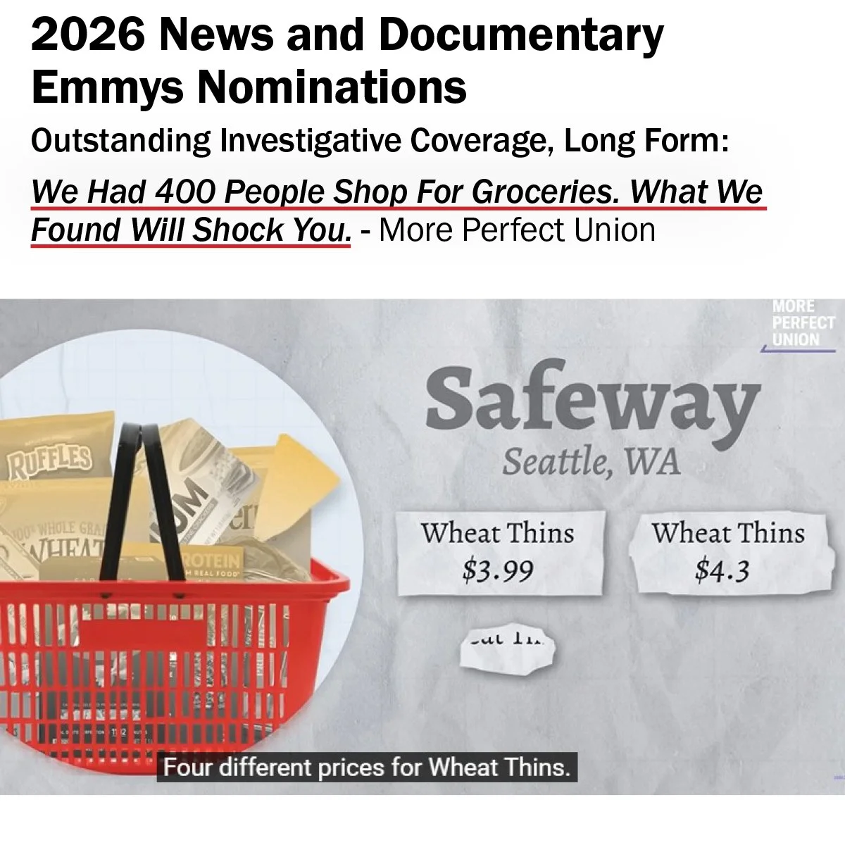 Congratulations to @perfectunion for tallying up six Emmy News and Documentary nominations, including the one for their blockbuster investigation into surveillance pricing. As Consumer Reports and MPU reported, Instacart ran "price experiments&q