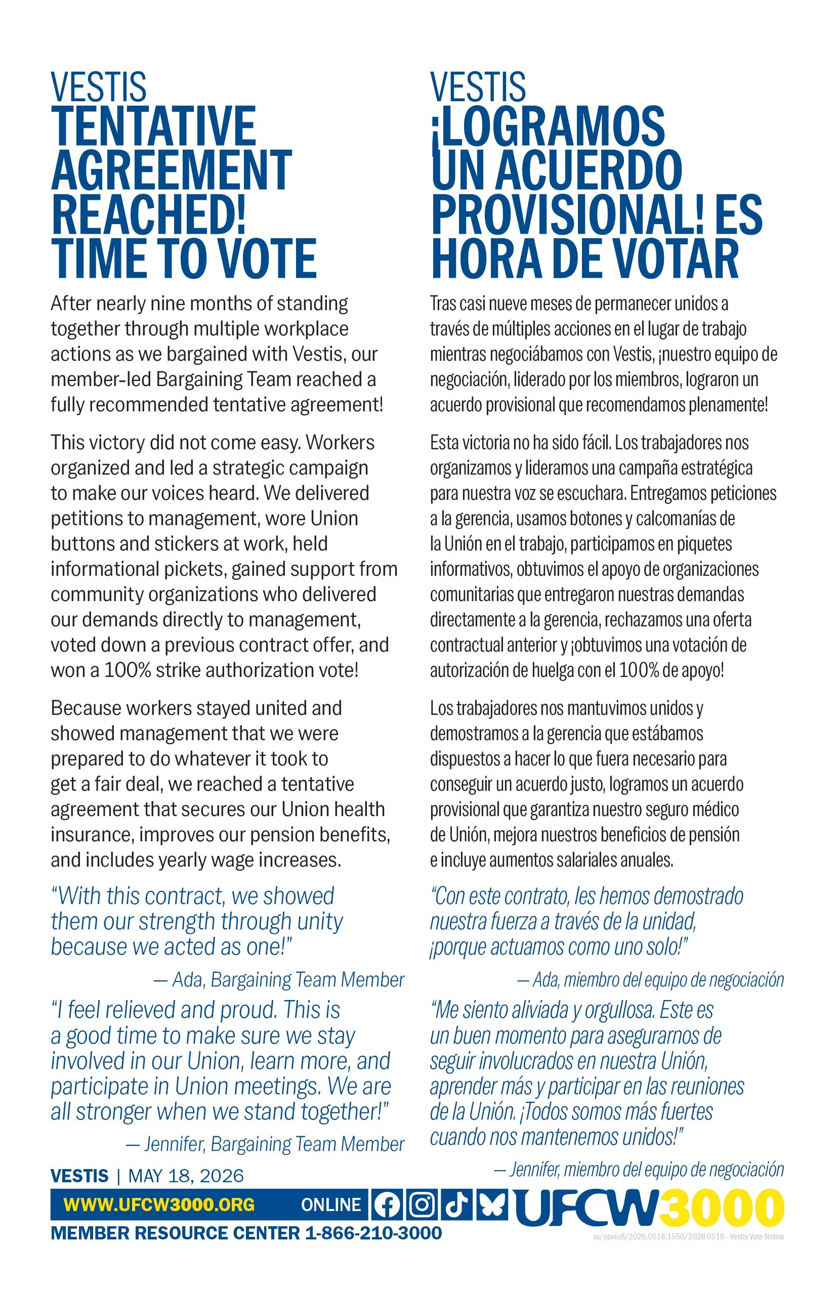 Vestis - Tentative Agreement Reached! Time to Vote | ¡Logramos un acuerdo provisional! Es hora de votar 