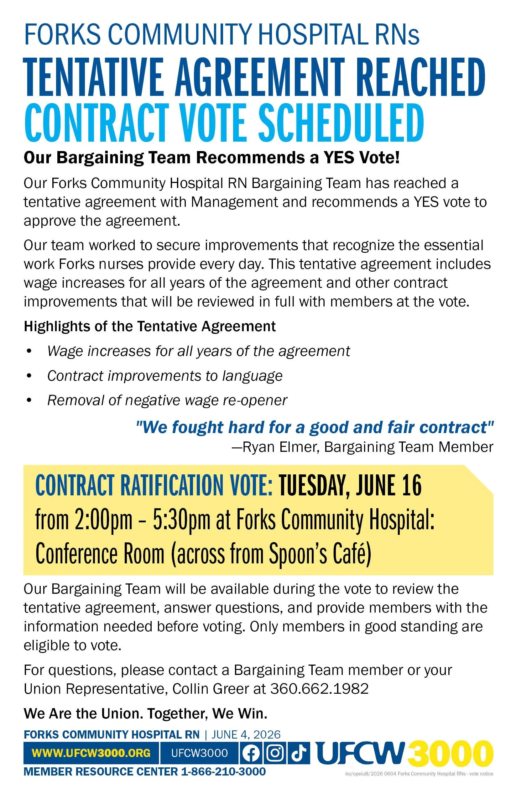 Forks Community Hospital RNs Tentative Agreement Reached