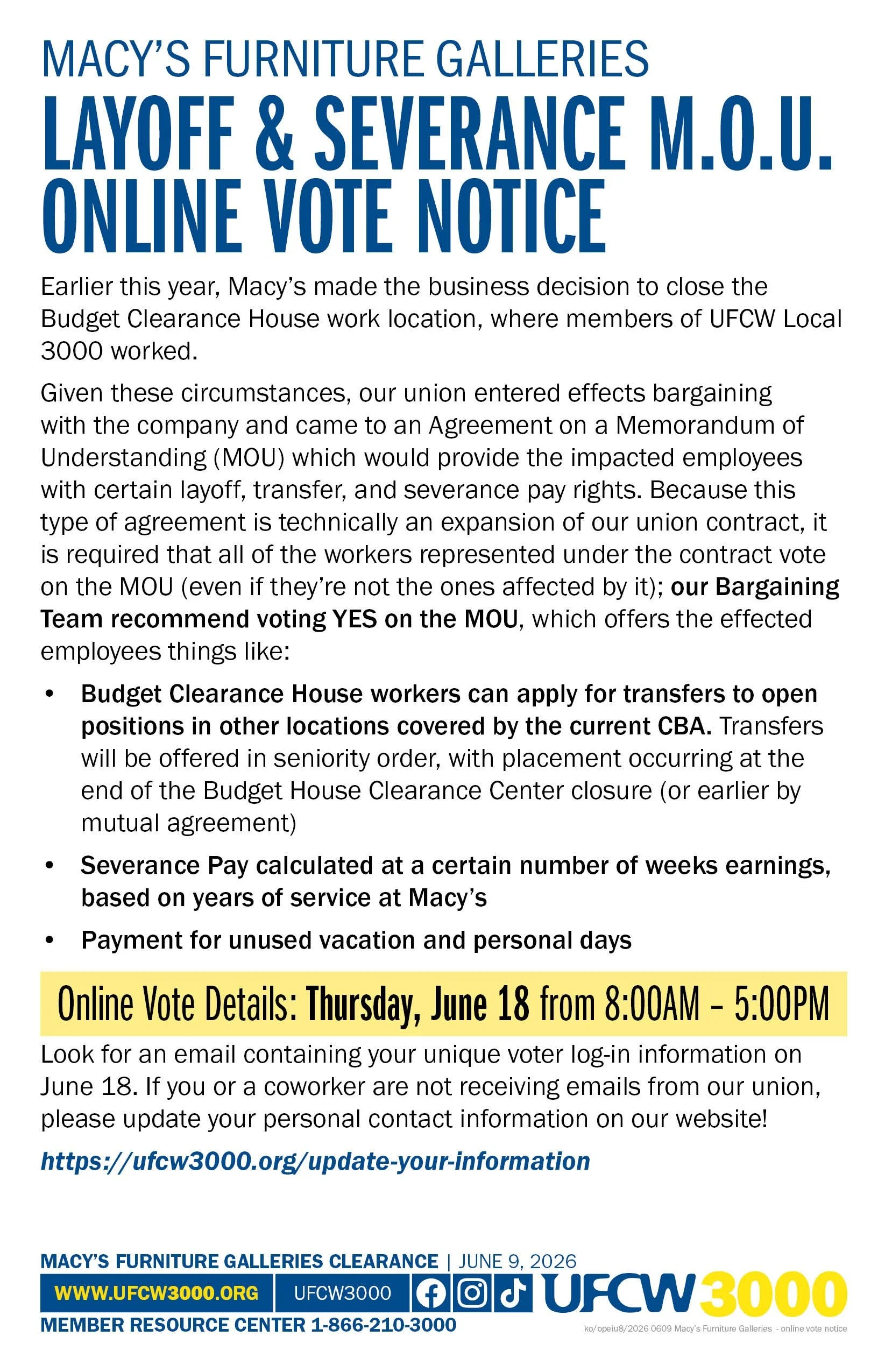 Macy’s Furniture Galleries Layoff &amp; Severance M.O.U. Online Vote Notice