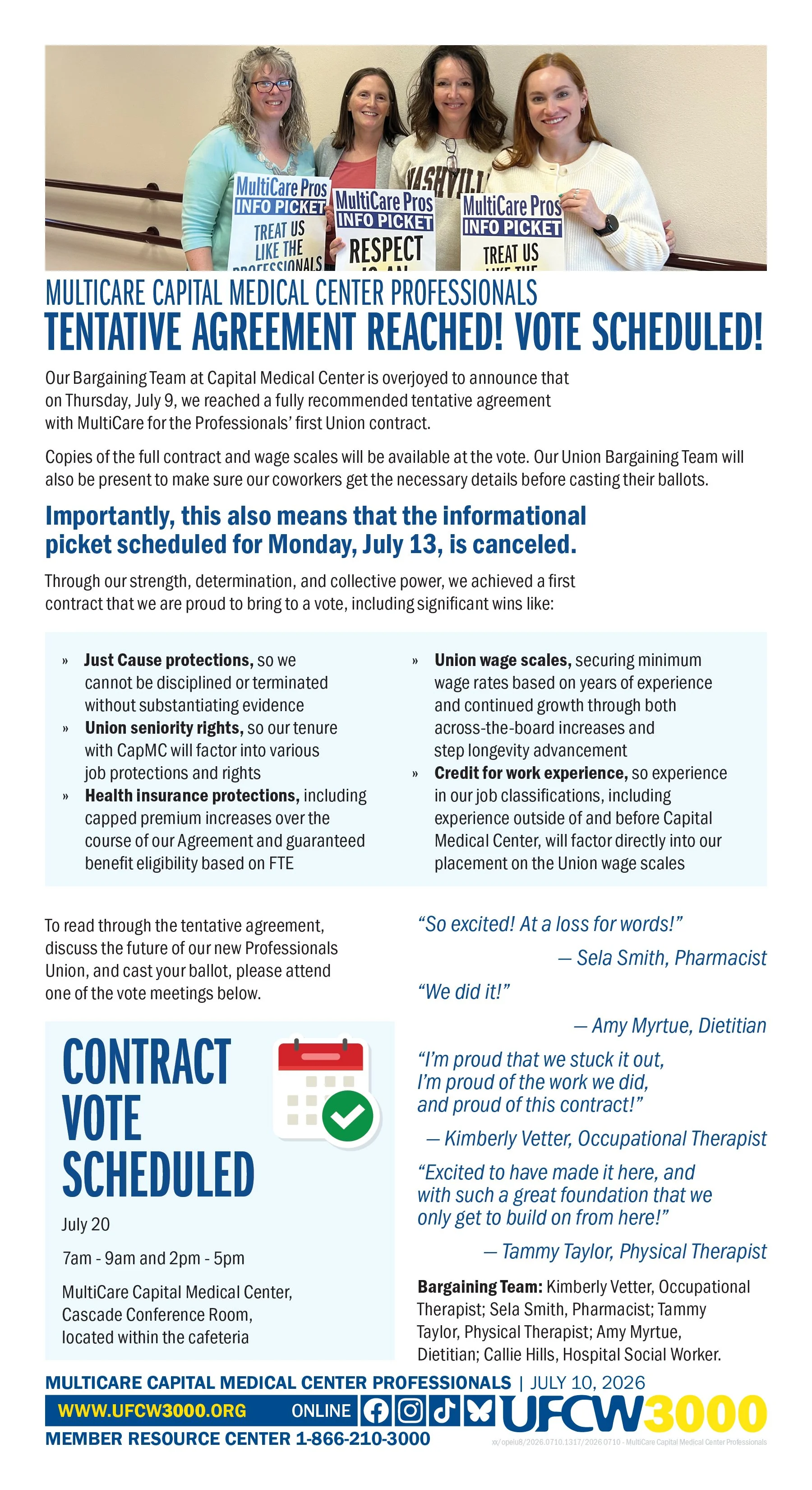 MultiCare Capital Medical Center Professionals - Tentative Agreement Reached! Vote Scheduled! Informational picket canceled!
