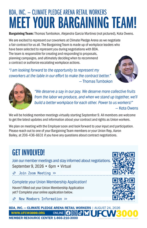BDA, Inc. (Retail Workers at Climate Pledge Arena) - Meet Your Bargaining Team!