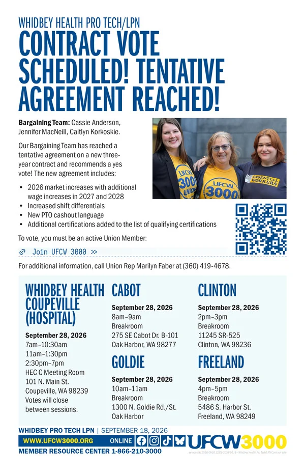 Whidbey Health Pro Tech/LPN - Tentative Agreement Reached! Contract Vote Scheduled