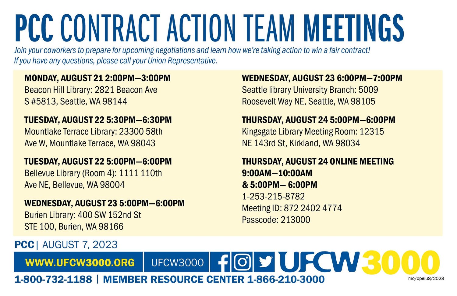 PCC August Contract Action Team Meetings — UFCW 3000