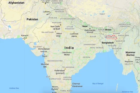 Location of Meghalaya, India (where the Garo Hills are located). Source: Google Maps