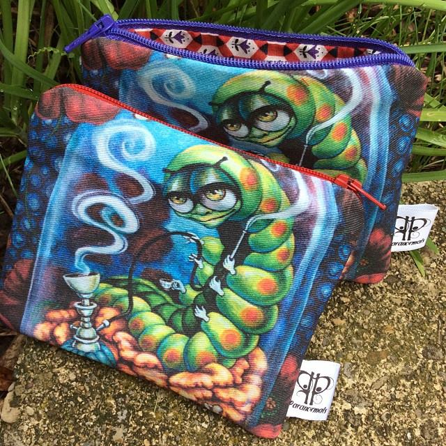 Here is the small, coin-purse style pouch made from my painting, Fumage, which was created as a part of my Wasp in a Wig Series of paintings inspired by the Alice books by Lewis Carroll.