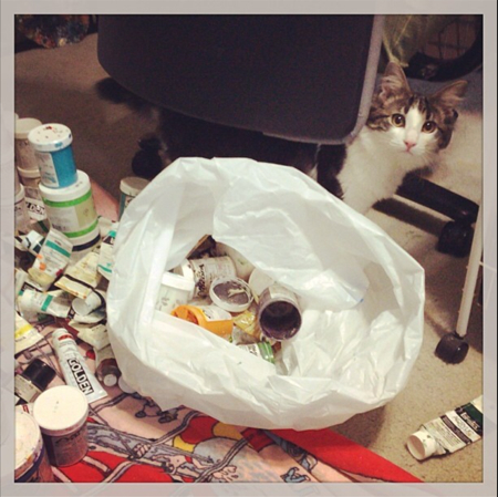 Boo and I were both amazed at all the dead paint that was taking up space! Sure, I had old, crappy supplies that needed tossed, but what about the good stuff that I could not bear to throw away because they still possessed artistic value? Solution! My friend, Tabitha, took them and now they are used to teach kids art at the Decoy Art Studio !