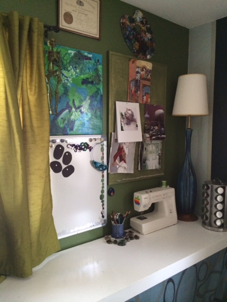 In this area I put a magnetic white erase board for jotting down ideas and a cork board for displaying inspiration images. I am also able to bring my sewing machine out for the first time in years! I am looking forward to taking some classes at Sew Dayton now!