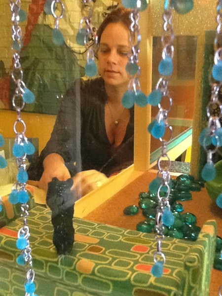 This same chain and bead techniques was used to create the main feature of the exhibition, Drip, where I hand attached hundreds of little droplet beads to mimic the flow of fluids. Much thanks to Laine Bachman for helping with the floors and walls!