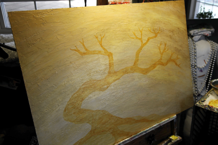 I start lightly blocking in the tree. This form was inspired by traditional bonsai trees and their expressive movements.