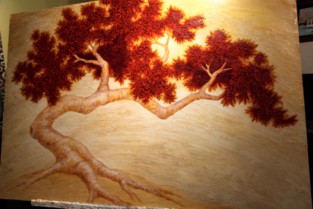 Now it is starting to take shape. Also adding form to the trunk of the tree, while keeping most of the underpainting showing.