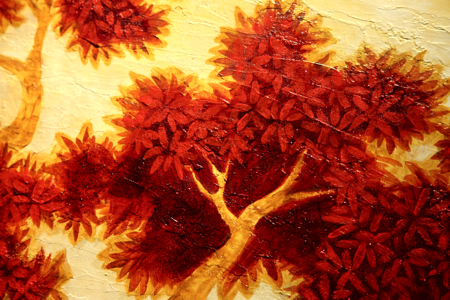 The basic leaf forms are established, but they felt too sharp. I decided to fill them out a bit more and also mix in some of the gold into the red for some extra shimmer.