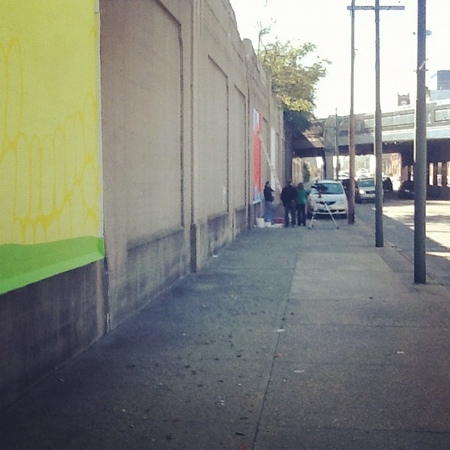 View from my mural on Third Street of some of the other murals going in at the same time. Here you can see Channel 7 interviewing some of us.