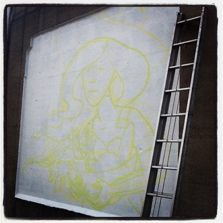 Roughed onto the wall. I had done the drawing to scale, but the space was not the same dimensions, so I just winged it.