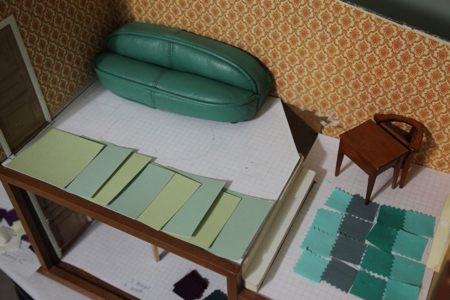I am pretty sure the floor will be a checkerboard of these two colors on the left. These are textured paint samples from a big box store. The colors on the right might become pillows. More on all that later!
