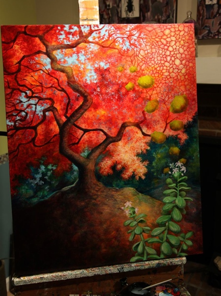 Bringing in the sky and building up the lighter values in the tree.