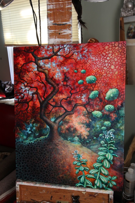 I change the pods from yellow to green and that makes them less fruity. I also add some more worts just for fun. The visual texture I started in the lower left corner starts to take form. I wanted to balance out the cells in the upper right, so I added a bit of brown glitter to the lower area and created these spots which I highlighted in teal. At this point I am feeling like the piece is mostly finished, but then we had a party at our house. The question, "What does the bird cage mean?" was asked several times. I explained the original reason, but it sounded like a silly explanation. I needed to make the cage make sense in the piece and I felt like the lower corner was sorta lacking, so...