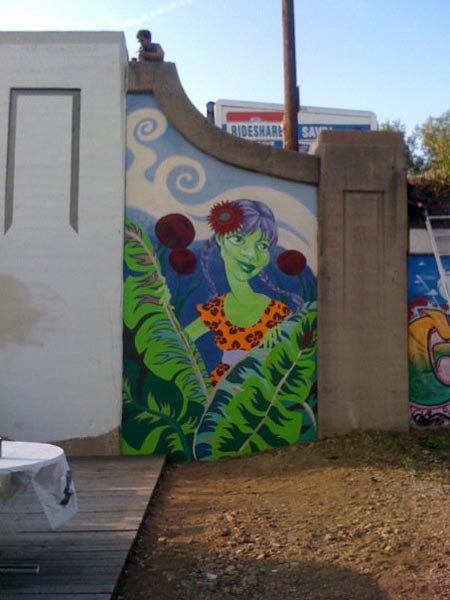 Started her dress. Wanted the colors to tie into the mural to the right, created by Heather Lea Reid and Etch, and the future sunflower mosaic that will be installed on a wall to the left of the deck.