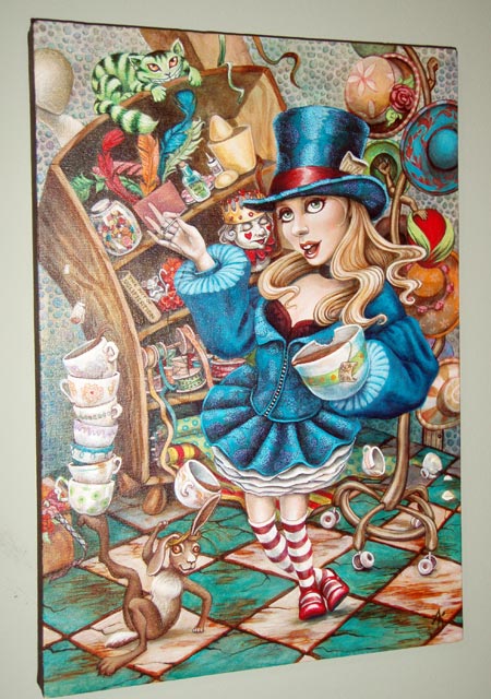Chessboard floor. Most of the details are in now, including patterns on the hats. Changed her sleeves, so now the giant tea cup is bothering me. Going to redo that and give her another hand holding a tea cup.