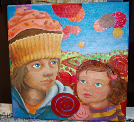 Added a few lollipops in the background, adding colors to the cupcake hat and overall skin tones.