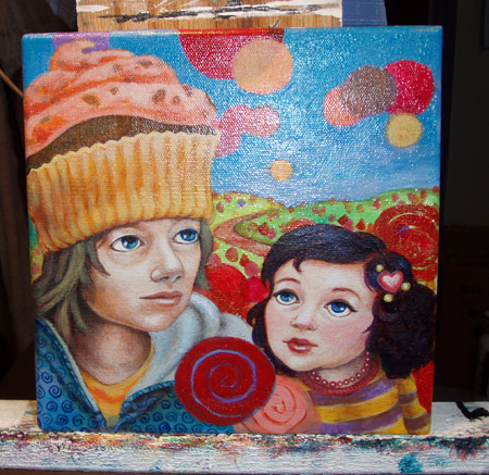 Adding color to Noelle and Lukas' hair. Something is missing. Considering starting the background over completely. Thinking maybe just candy everywhere, but I do like the depth that the background is making, so I ponder for a few.