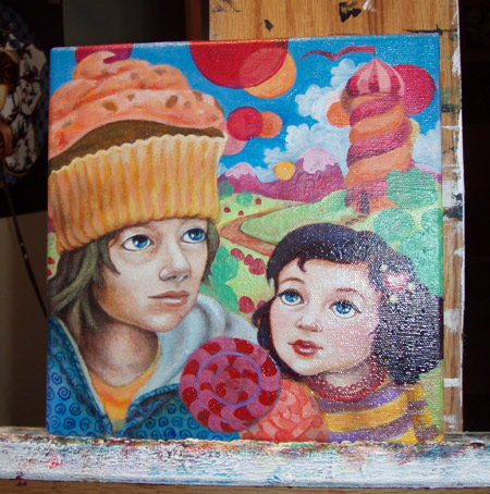 Duh! More elements in the background! Mountains, clouds, a candy tower and trees replace the lollipops. Also started over with the gumdrops.