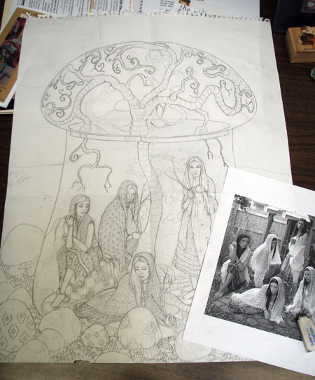 The drawing in progress with one of my reference photos.