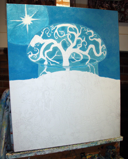 I transferred the image to the canvas and began blocking in shapes.