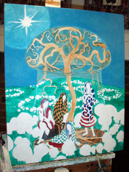 Glaze over the tree, and adding pattern to their clothes. I am not sure how I want them to look exactly. I know they won't be this brightly colored, but we shall see.