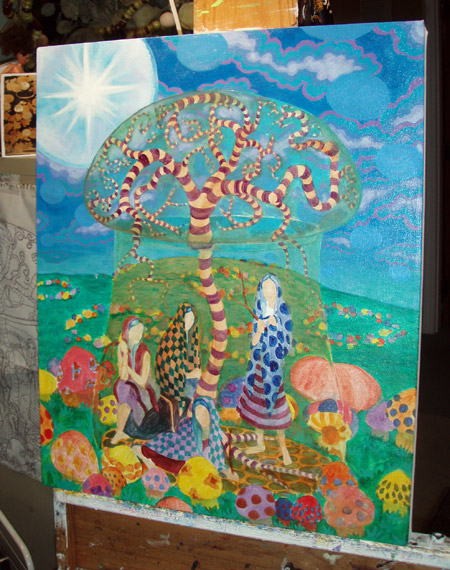 Referencing a photo that I took in DC of a Chinese lacquer box, there will be a flower ball design in those floating orbs in the sky. Here they are just blocked in with blue for placement.