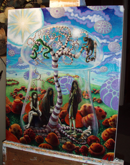 Planning to change the color of the shrooms and develop the girls more. The bubbles had to come down so the canvas was not divided in half. Much better.