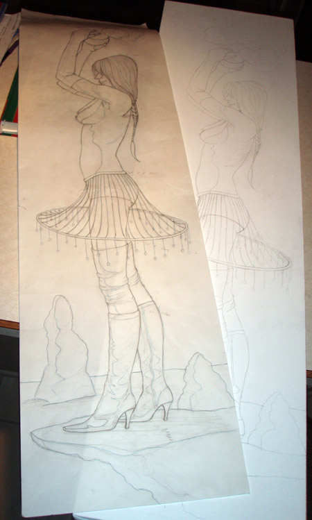 The sketch transfered to canvas.