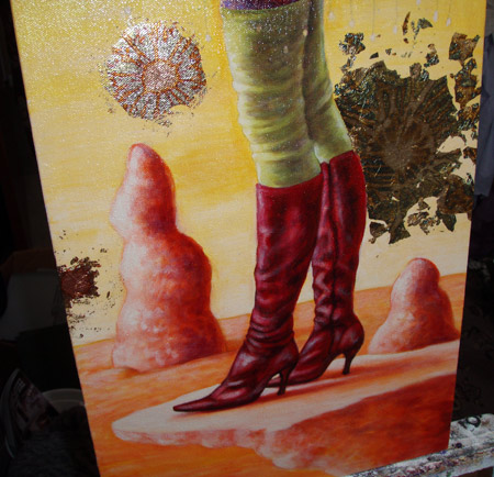 Detail of the gold leaf. I will paint back into it to incorporate it into the piece better.