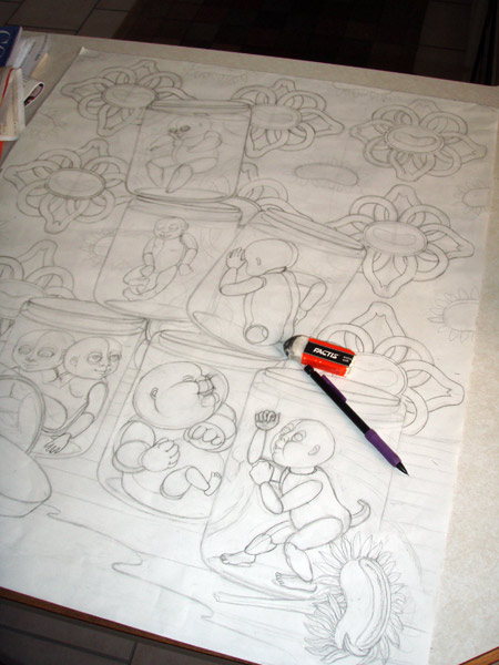 All the characters are in place. Gonna give it one last look over, then transfer it to canvas.