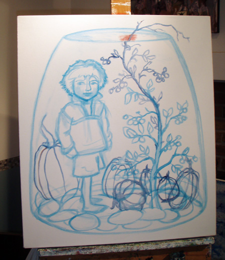 Rough sketch on canvas. Inspired by our warty pumpkin from last Halloween.