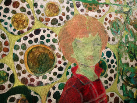 Detail of the cells in progress. You can see the color in the dots better. They remind me of one of my favorite candies as a child, Brach's Jelly Nougats.