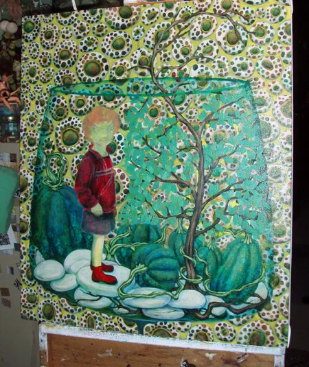 Working on tree and pumpkins, but the piece feels crowded and it is difficult to tell what is going on.
