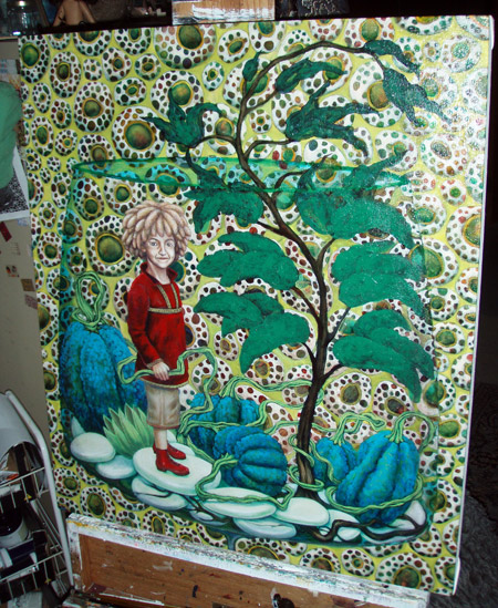 Added plant on left to break up the blue of the pumpkin. Making the tree into a puffy evergreen type thing.