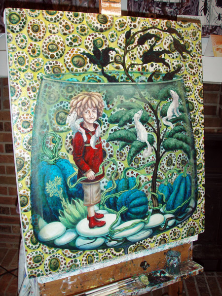 Building up the color on the plants and animals.