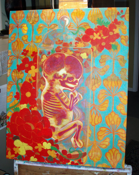 Adding flowers and bright turquoise. I wanted this piece to have a Mexican inspired feel because of their close relationship to death. 