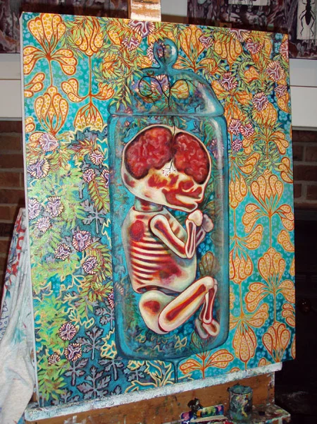 The red was too distracting from the baby, so I started adding blues and purples.